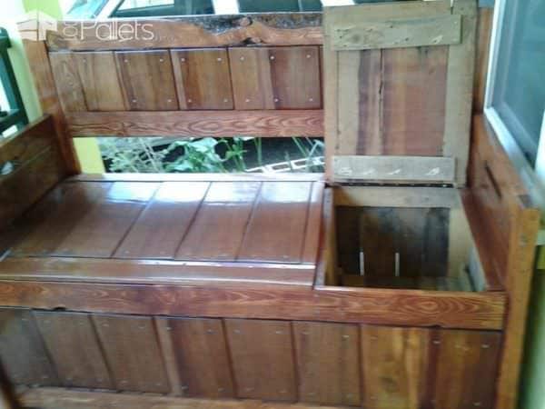 This Pallet Storage Bench features two compartments, one large enough to accommodate large amazon boxes, and the smaller side will hold several smaller packages. The locks were added after the polyurethane cured.