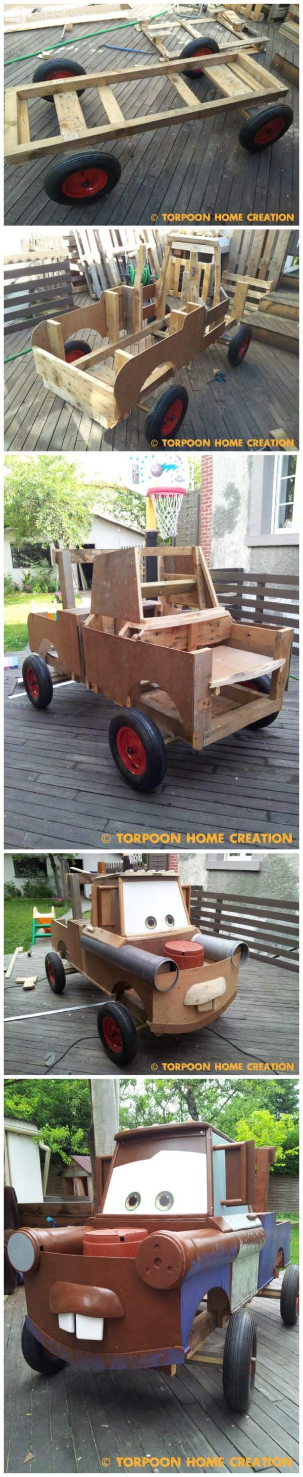 There Was a Soapbox Racer, and He Decided to Make Mater (Cars) from Repurposed Pallets and Other Materials Fun Pallet Crafts for Kids There Was a Soapbox Racer, and He Decided to Make Mater (Cars) from Repurposed Pallets and Other Materials Fun Pallet Crafts for Kids