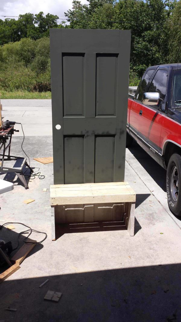Old Repurposed Door with Pallet Wood Into Entrance Seat Pallet Furniture 