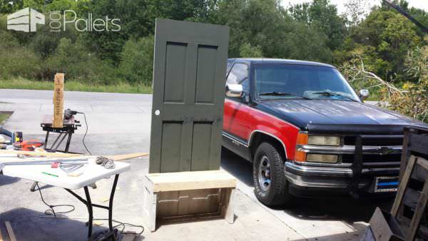Old Repurposed Door with Pallet Wood Into Entrance Seat Pallet Furniture 