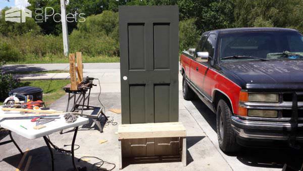 Old Repurposed Door with Pallet Wood Into Entrance Seat Pallet Furniture 