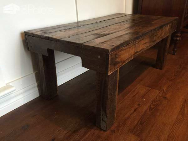 Side view of the coffee table highlighting the arched section of the pallet stringers.