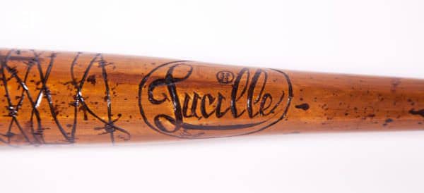 Close-up view of the "Lucille" logo created for this Wood Turned Pallet Bat