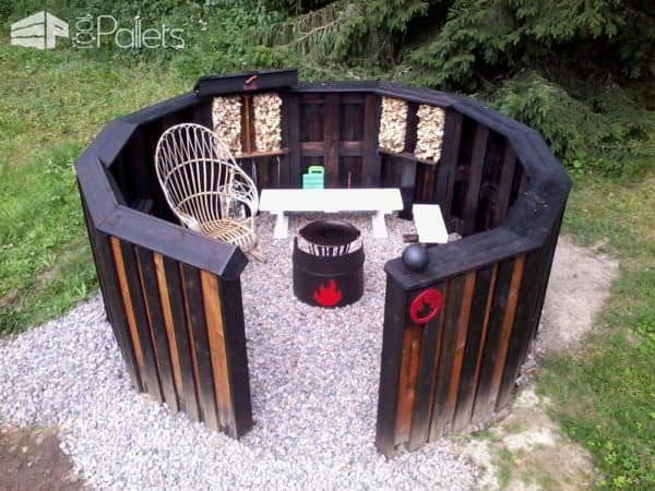 Make a fire pit enclosure out of pallets. Pallet Barbecue Projects like these will have the family putting down the phones and gathering together.