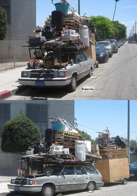 A car piled high with Weird Wood structures, including pallets stacked everywhere.