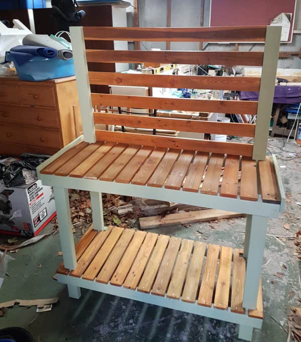 Another view of the two-shelved Painted Pallet Potting Bench.