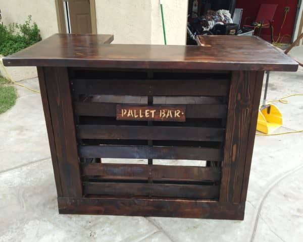 My Torched Pallet Bar isnt the only one Ive built. Here is another bar that I built from pallets but stained a rich walnut color.