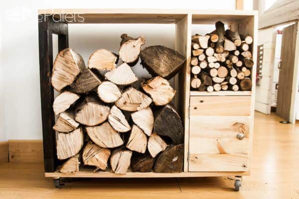 Functional and attractive, this Pallet Firewood Storage Cabinet is compact, and holds logs, kindling and ignition supplies as well as being mobile!