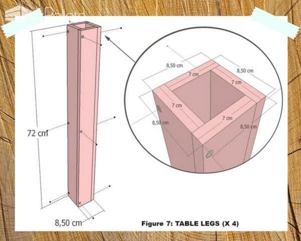 Drawing even shows you how far down to move the screws for this Indoor/Outdoor Pallet Dining Room Table leg.