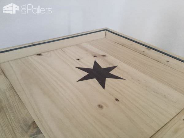 The Pallet Inlay Coffee Table features a laser-cut precision inlay with contrasting wood.