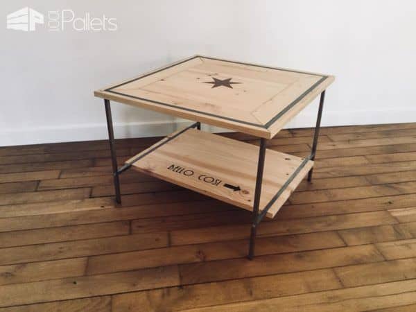 Pallet Inlay Coffee Table has a metal frame and wood table top and shelf.