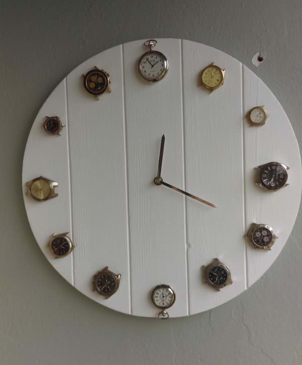 Attach old wristwatches and pocket watches with hot glue. Install the hands and your Pallet Wrist Watch Clock is complete!