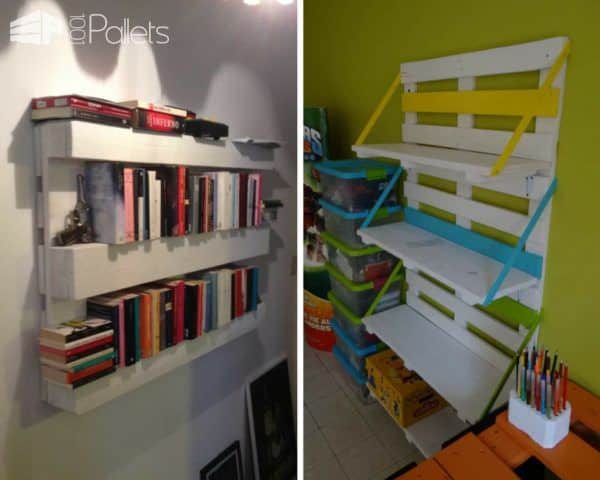 Recycle Old Pallets into handy hanging shelving units for any room of the home.