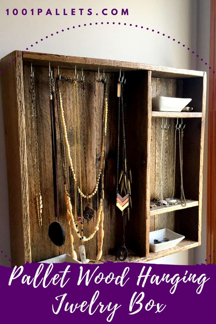 Wall Mounted Pallet Wood Jewelry Box Pallet Boxes & Chests Your jewelry is beautiful, so why hide it away? This open, wall-mounted pallet jewelry box lets your jewelry take center stage, and it's budget friendly! Save money and buy more jewelry! #palletjewelrybox #savemoney #buymorejewelry #diyideas