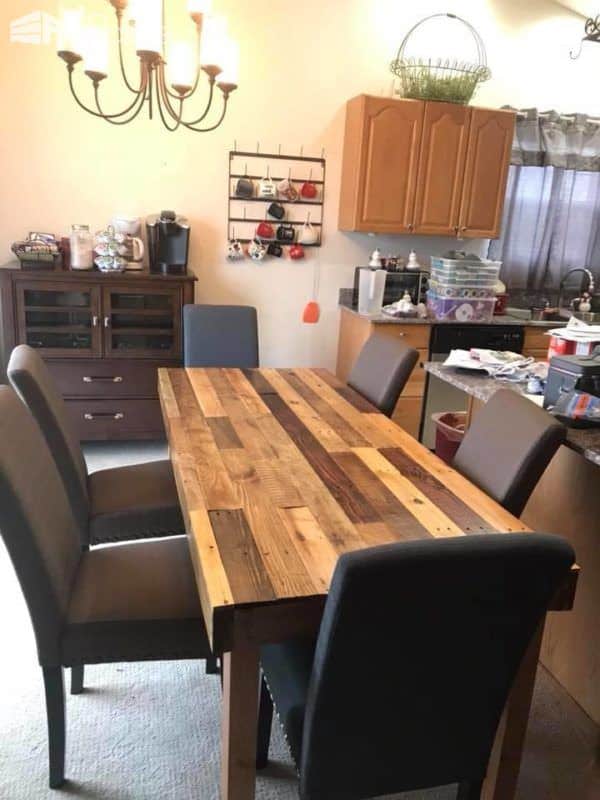 The finished Pallet Dining Table with 13 different tones added to the top.