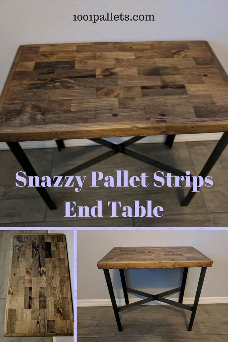 Metal Leg Pallet Strips End Table Pallet Desks & Pallet Tables Use cutoffs and create a unique Pallet Strips End Table! The strips are staggered, stained with Jacobean, and feature hand-made flat bar legs and braces. #palletendtable #diypallettables #diyprojectsusing pallets #1001pallets #awesomepallets