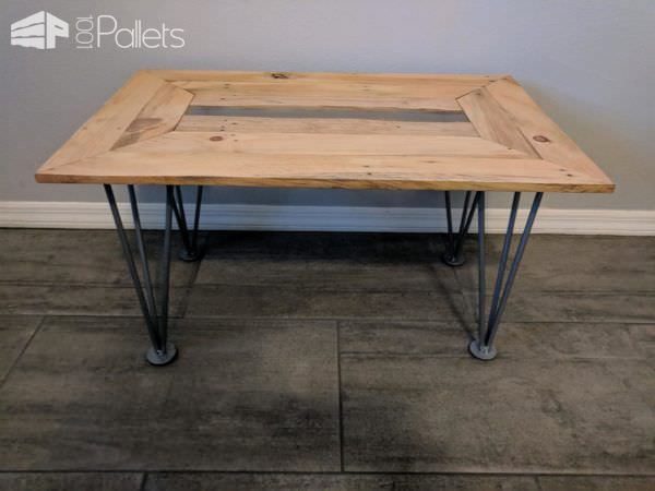 Live-edge Pallet Coffee Table features hand-made hairpin legs.