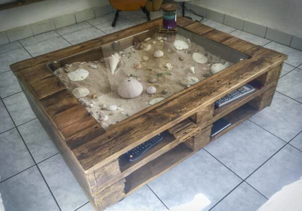 Beachy-keen Pallet Coffee Display Table / Table Basse Avec Vitrine D'exposition